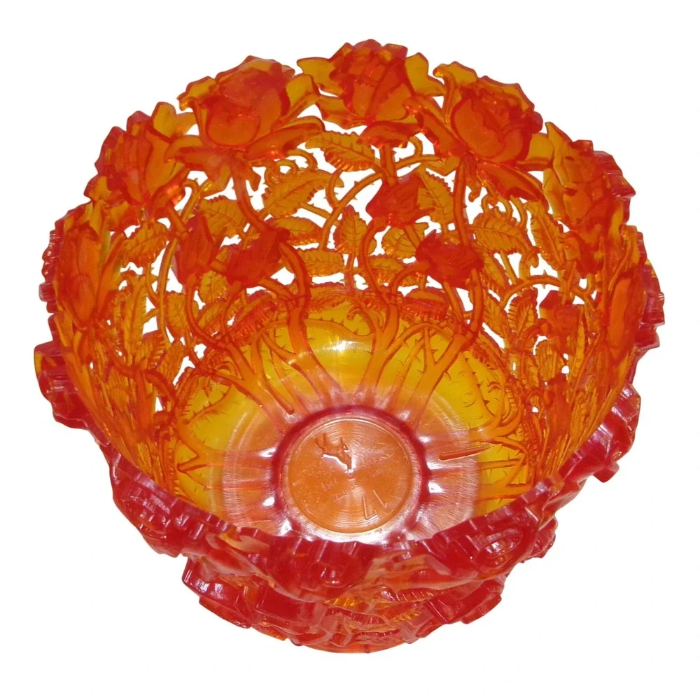 60s Orange Translucent Resin Molded Rose Openwork Pedestal Decorative Vase Pot